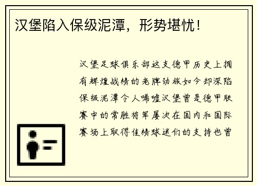 汉堡陷入保级泥潭，形势堪忧！
