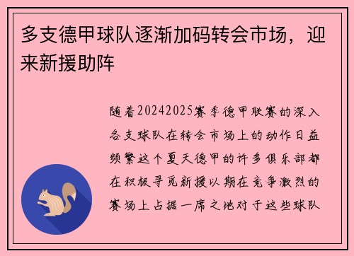 多支德甲球队逐渐加码转会市场，迎来新援助阵