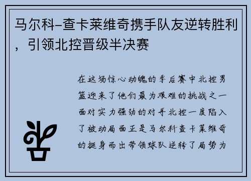 马尔科-查卡莱维奇携手队友逆转胜利，引领北控晋级半决赛